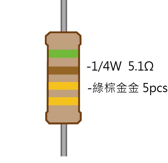 1/4W 5.1Ω 碳膜電阻 5pcs ( 1/4W-5.1R )