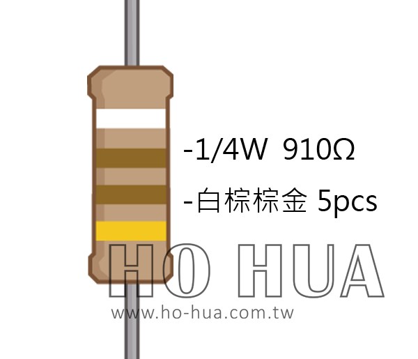 1/4W 910Ω 碳膜電阻 5pcs ( 1/4W-910R )