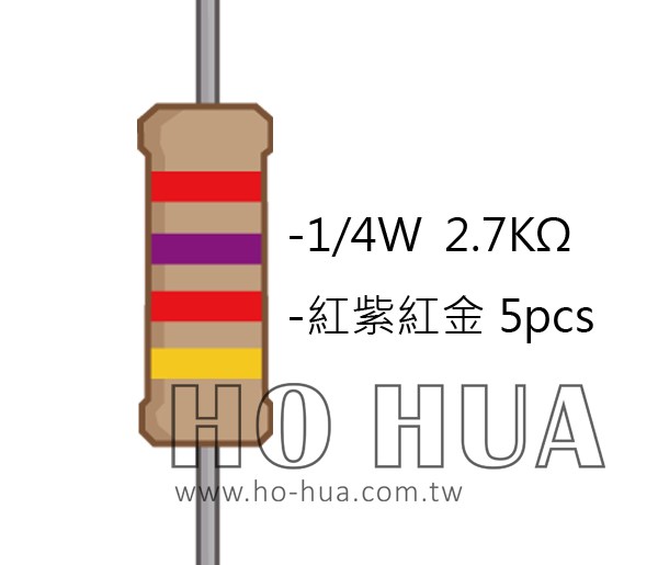 1/4W 2.7KΩ 碳膜電阻 5pcs ( 1/4W-2.7KR )