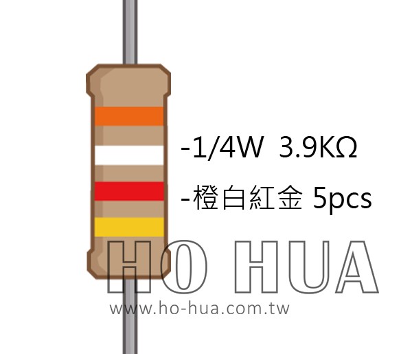 1/4W 3.9KΩ 碳膜電阻 5pcs ( 1/4W-3.9KR )