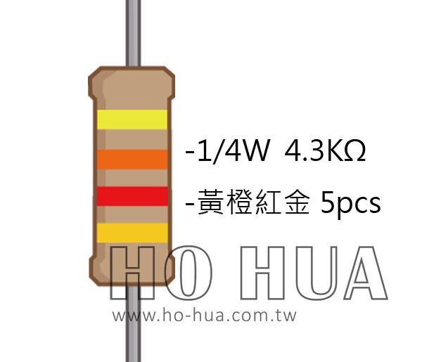 1/4W 4.3KΩ 碳膜電阻 5pcs ( 1/4W-4.3KR )