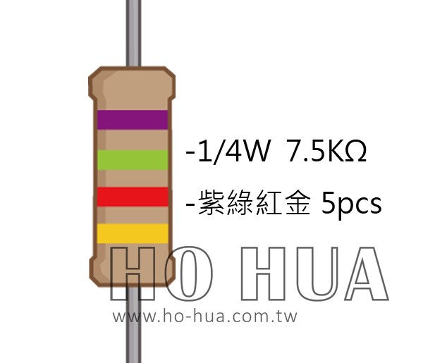 1/4W 7.5KΩ 碳膜電阻 5pcs ( 1/4W-7.5KR )