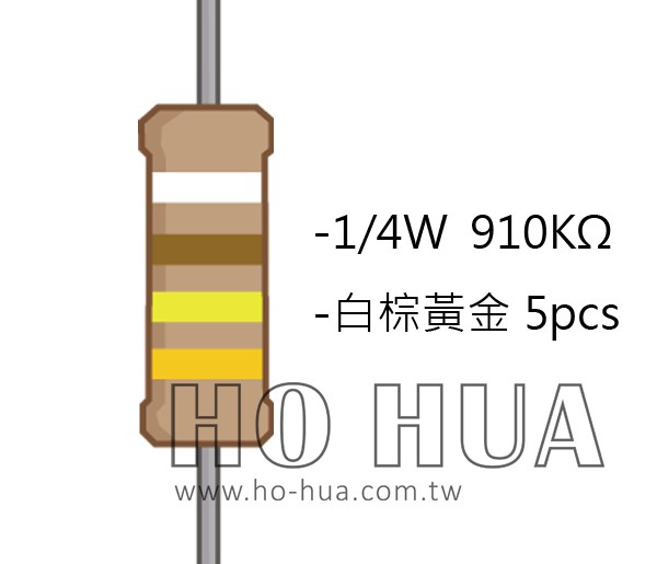 1/4W 910KΩ 碳膜電阻 5pcs ( 1/4W-910KR )