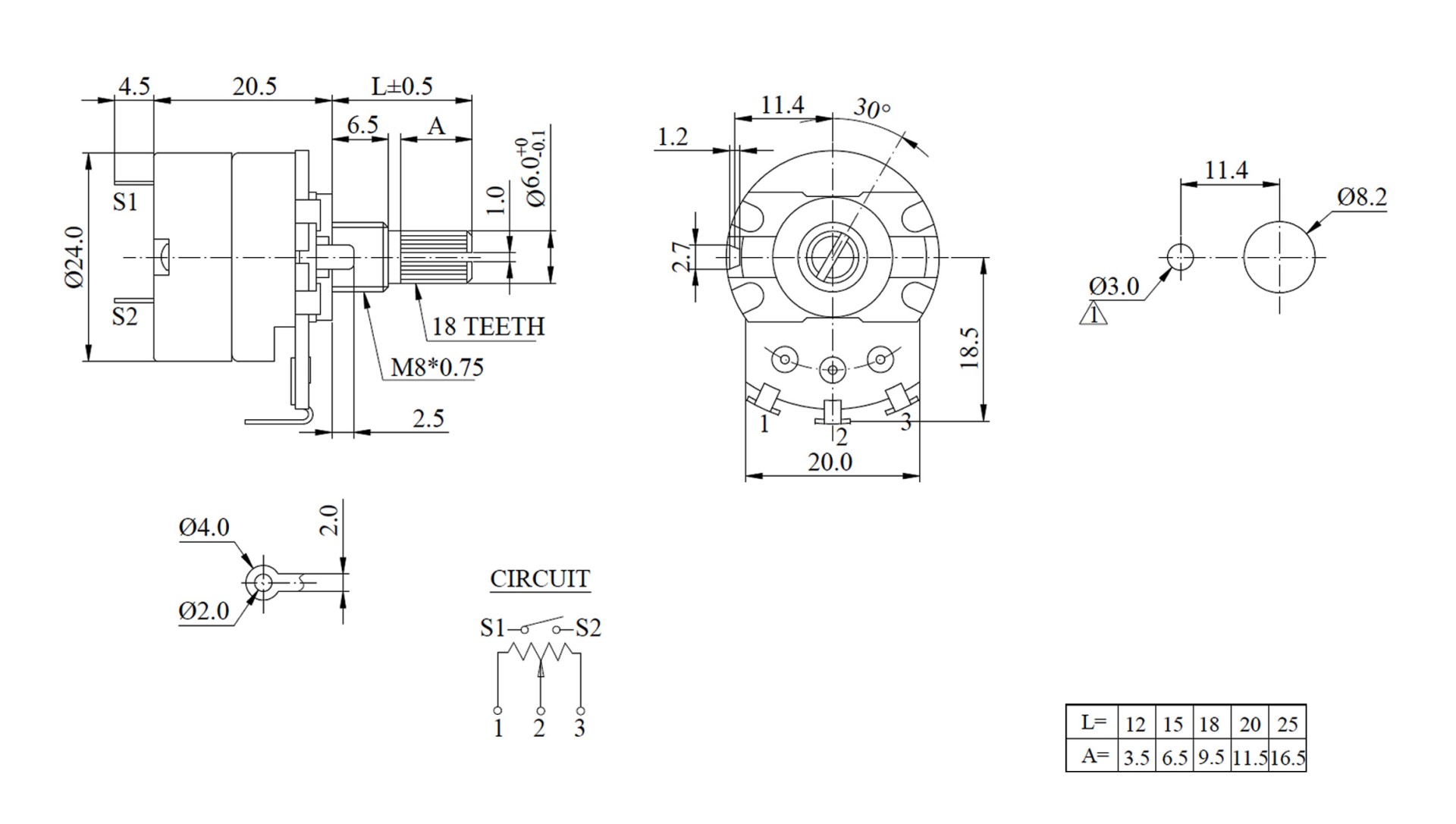 24ØVR B50KΩ 附開關 可變電阻 ( 24S1-B50K-L20 )