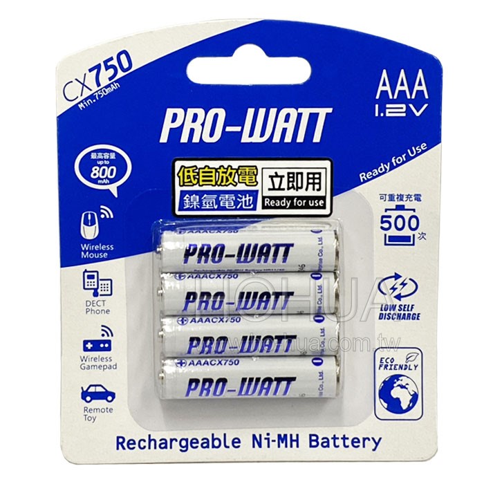 PRO-WATT 4號低自放鎳氫充電電池 750mAh 4入 ( 3406PW4 )