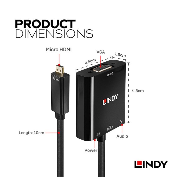 LINDY林帝 主動式 Micro HDMI (Type-D)公 to VGA&音源母 轉接器 38287