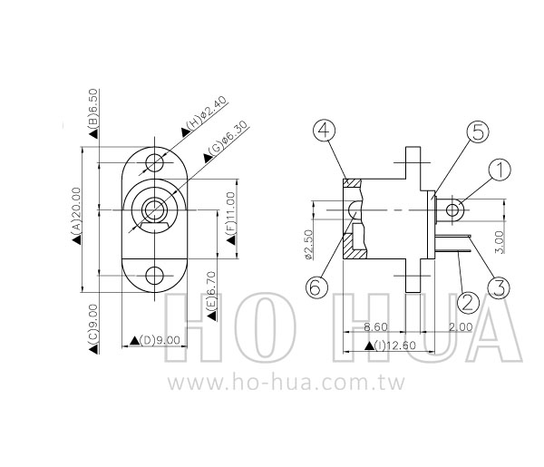 DC座2.5孔帽型 2pcs  ( D2054A G6617B )